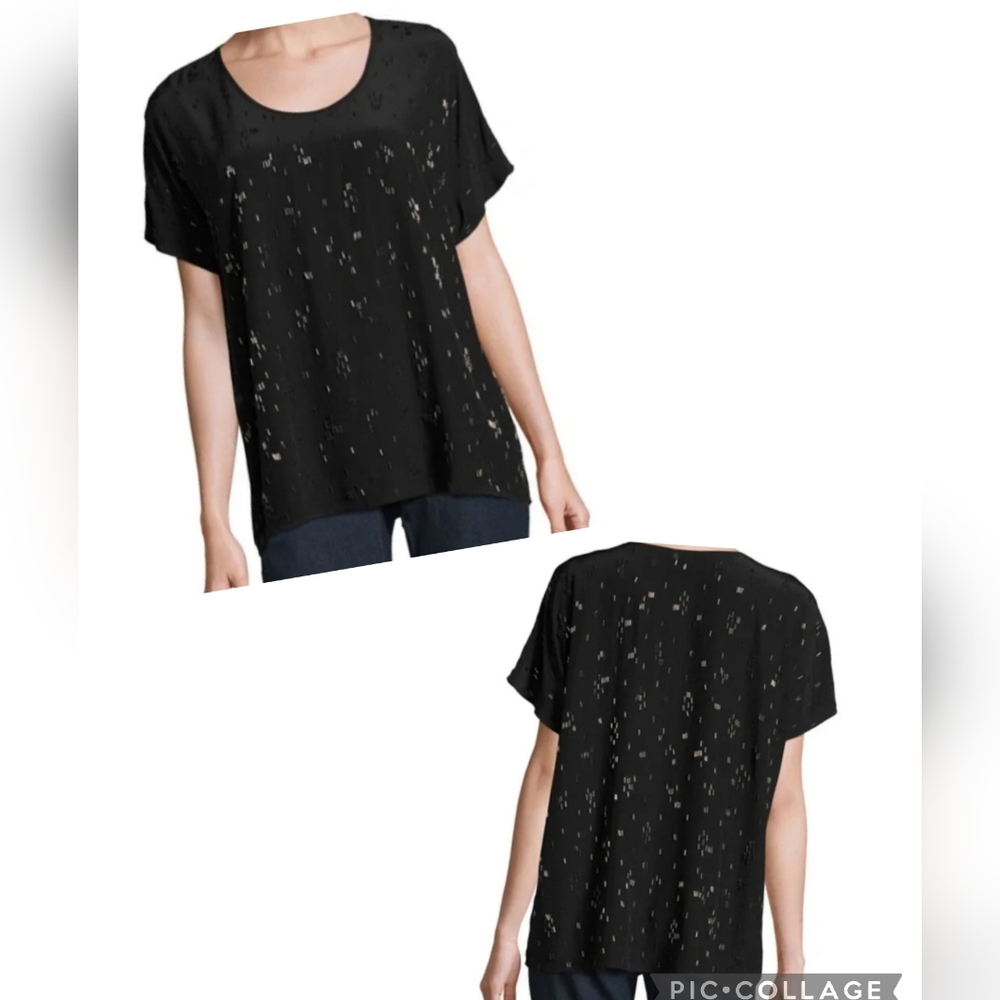 NWOT Eileen Fisher Silk Black Hand Beaded Falling Star Loose Blouse Shirt Small - Picture 2 of 6